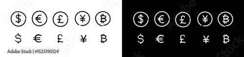 Doodle currency symbol icons set line. Money sign collection of currency icons. Dollar, Euro, British Pound, Chinese Yuan and Bitcoin symbol illustration.