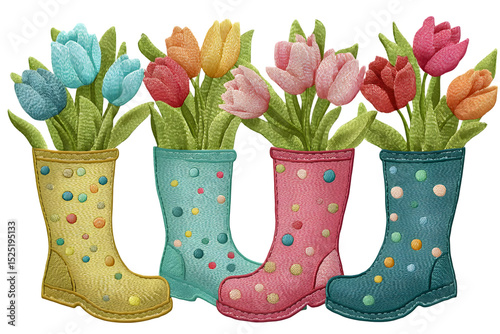 Springtime Tulips Blooming in Colorful Rain Boots a Delightful Floral Design Perfect for Springtime Decor photo