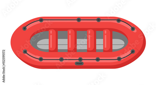 Top-down view of a red inflatable raft with grey interior, featuring four seat cushions and a black rope around the perimeter.
