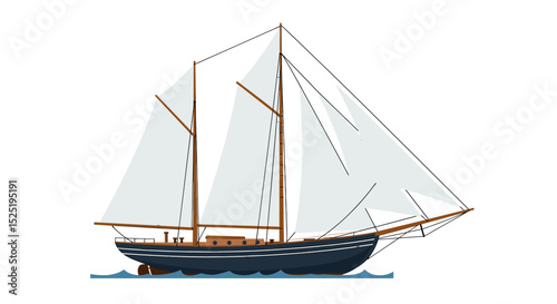 Illustration of a classic two-masted sailboat sailing on the water, isolated.