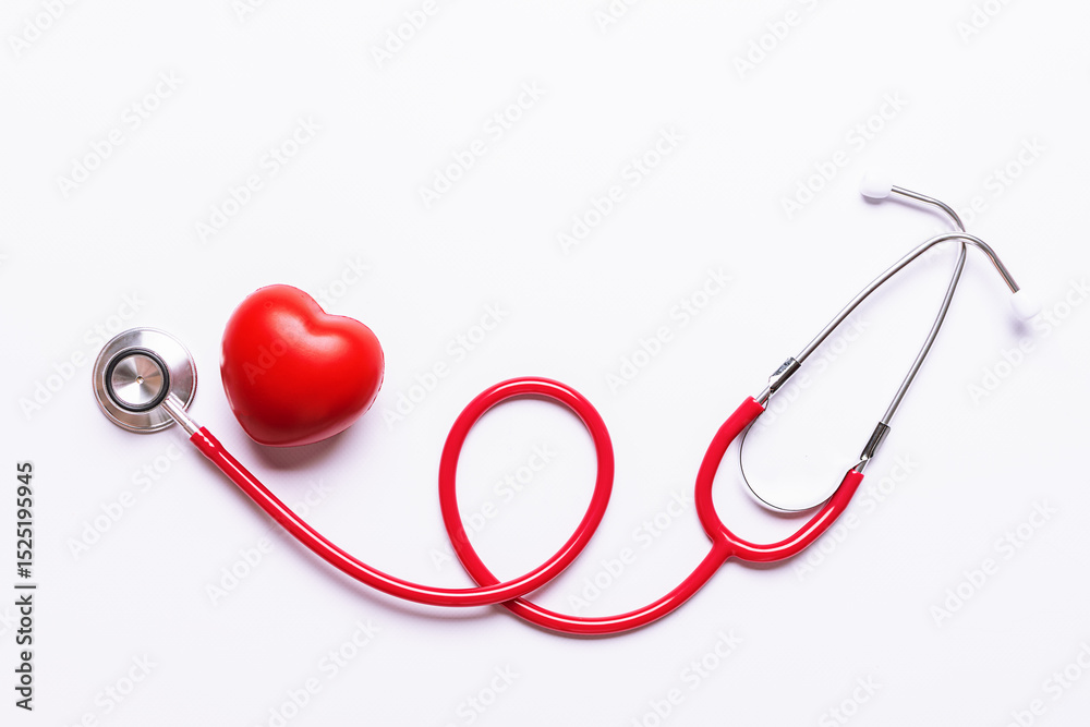 Bright composition with red medical stethoscope and red heart on white background top view. greeting card for doctors or nurses template. Bright composition with red medical stethoscope and red heart on white background top view. greeting card for doctors or nurses template.