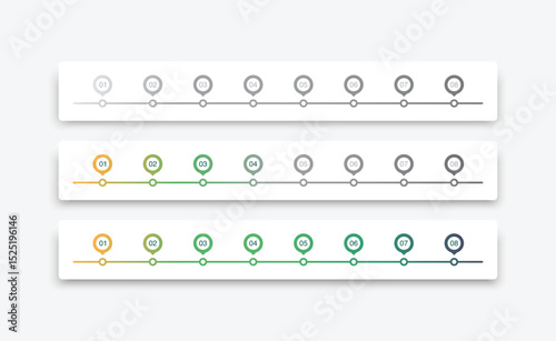 Business process. Timeline infographics with 8 steps, options, arrows. Vector template.