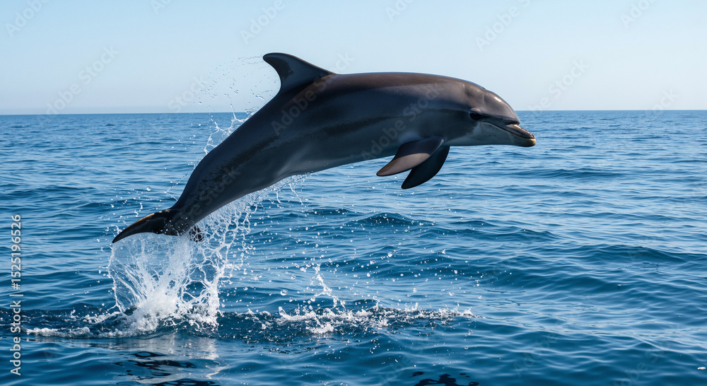 Fototapeta premium Dolphin jumping out of the ocean against a clear blue sky 