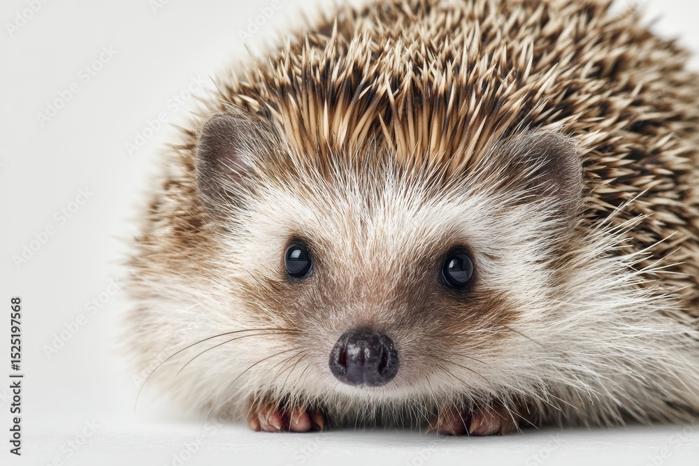 Fototapeta premium Charming hedgehog curls up shyly on a soft white surface, revealing a delicate expression of timidity and warmth