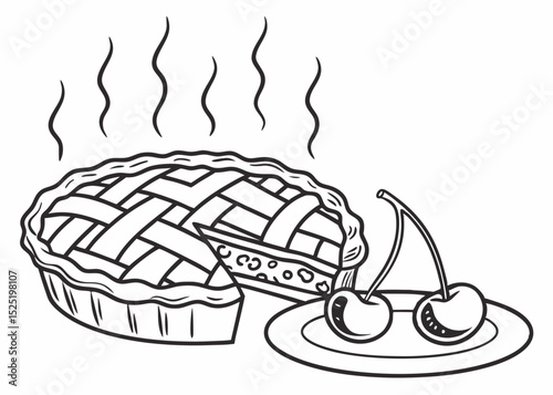 clean line art vector of a whole pie (apple pie or cherry pie) with steam lines, simple and inviting