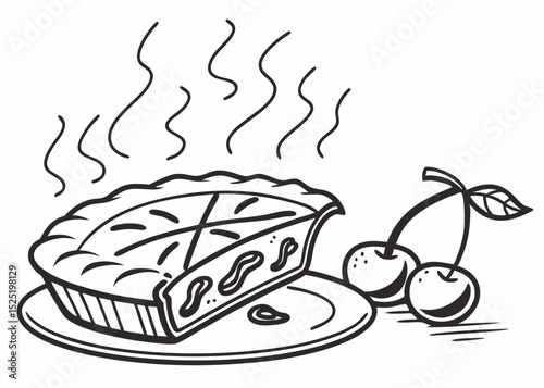clean line art vector of a whole pie (apple pie or cherry pie) with steam lines, simple and inviting