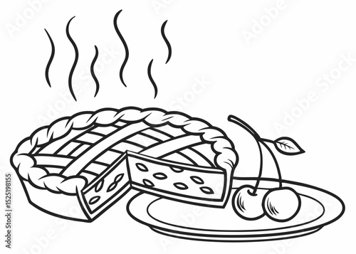 clean line art vector of a whole pie (apple pie or cherry pie) with steam lines, simple and inviting