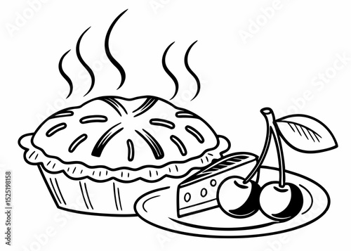 clean line art vector of a whole pie (apple pie or cherry pie) with steam lines, simple and inviting