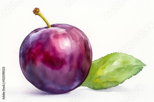 Ripe plum watercolor painting deep purple hues vibrant juicy still life single plum green leaf isolated white background