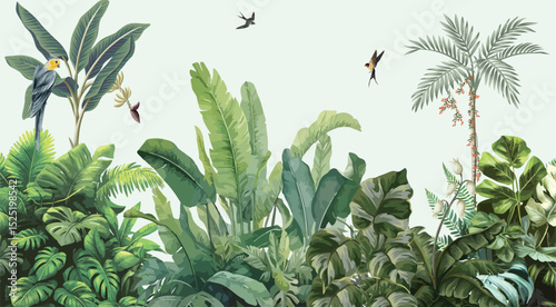Tropical Green Leaves Illustration, Tropical Garden Mural Illustration, Wallpaper, Birds.