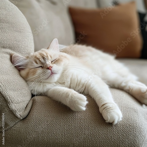 Serene feline resting peacefully on a neutral sofa, basking in soft light and leisure