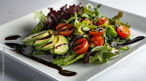 Delectable avocado and tomato salad drizzled with balsamic glaze on white plate