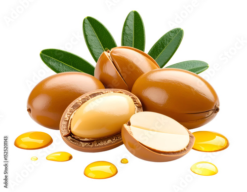 Argan nuts and oil with green leaves displayed on a transparent background