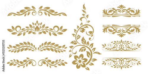 Set of Golden Flourishes and Beautiful Decorative Borders for Elegant Artistic Creations.