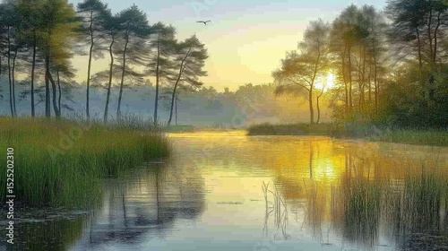 A serene scene of a river with a sun setting in the background. The water is calm and the trees are lush and green