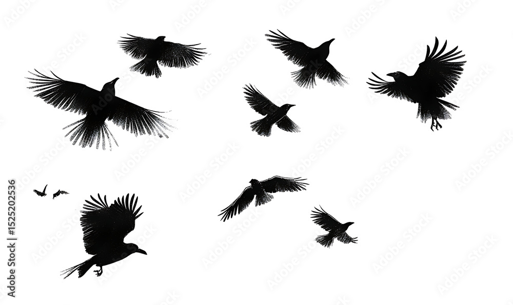 Obraz premium flock of flying crows , png file of isolated cutout object on transparent white background in PNG format. 