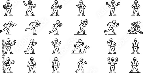 American Football line icon set. Vector pictograms of players, equipment, game elements, team spirit, quarterback ball, touchdown, referee thin linear illustration.