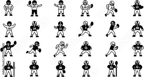 American Football line icon set. Vector pictograms of players, equipment, game elements, team spirit, quarterback ball, touchdown, referee thin linear illustration.
