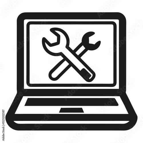 Laptop with wrench icon black and white line art isolated on white background