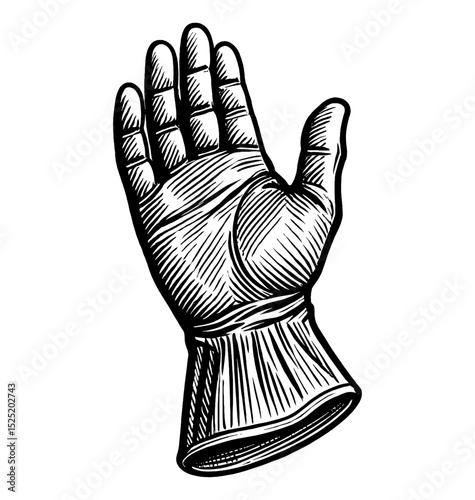 Engraved illustration of a gloved hand raised in a gesture, detailed and symbolic monochrome image.