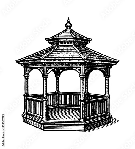 Detailed Engraving of an Empty Gazebo with Pillars and Wooden Railing in Black and White
