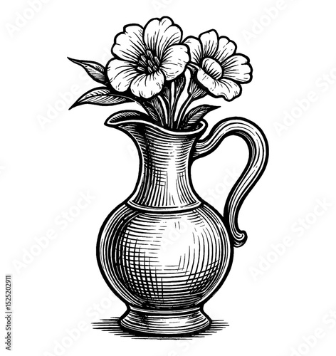 Engraved illustration of flowers in a vase, black and white floral arrangement with a vintage feel