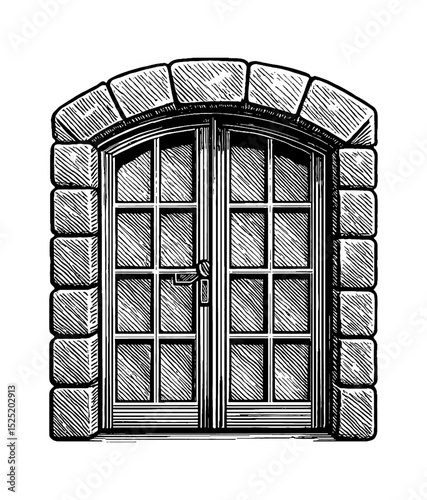 Detailed Engraving Style Illustration of a Stone Framed Window Doorway on White Background