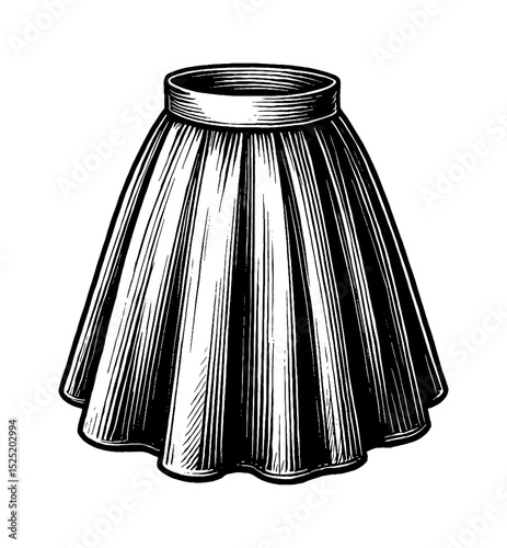 Black and White Engraving Style Illustration of a Skirt with Shadow and Detailed Vertical Line