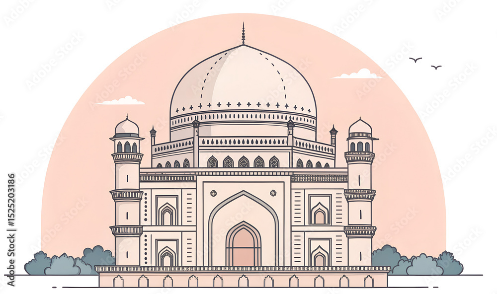 Fototapeta premium Gol Gumbaz, simple line-art, pastel tones generative ai