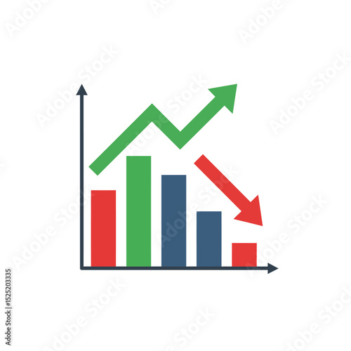 Graph going Up and Down sign with green and red arrows vector. Flat design vector illustration concept of sales bar chart symbol icon with arrow moving down and sales bar chart with arrow moving up.	