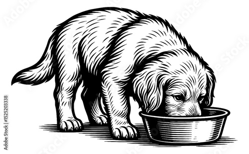 Engraved Style Image of a Dog Eating from a Bowl in Black and White Detailed Illustration
