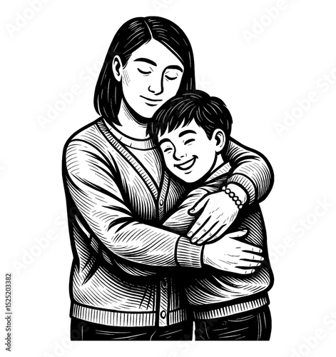 Loving Mother Embracing Smiling Son in Woodcut Style Black and White Engraving Illustration