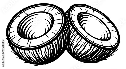 Two Coconut Halves Isolated Detailed Black and White Outline Line Art Drawing