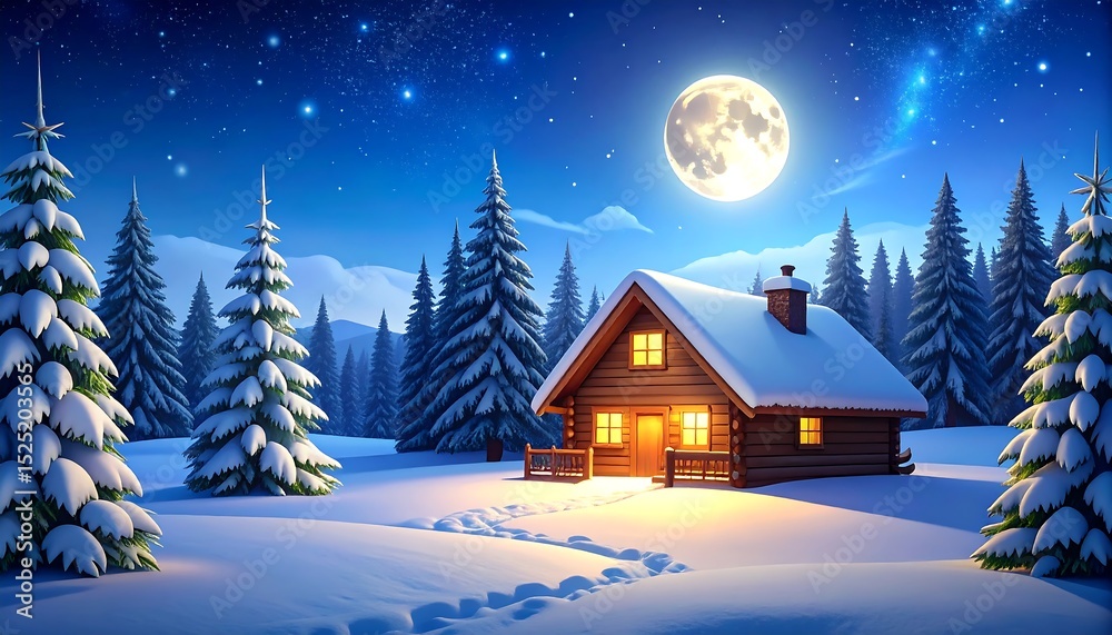 Fototapeta premium Snowy Cabin with Winter Night Landscape.