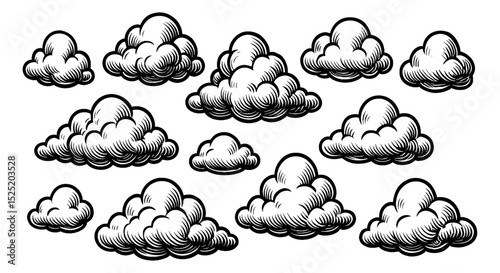 Collection of Cumulus Cloud Sketches in Black and White Etching Style Illustration