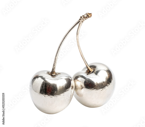 Two cherries made of lighting silver chrome isolated on a transparent background png