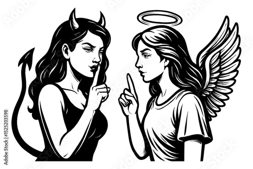 Illustration of a Devil Woman and Angel Woman Gesturing Silence in Black and White