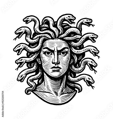 Medusa with Snake Hair in Black and White Woodcut Style with Angry Expression Illustration