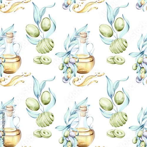 Seamless pattern of olives and olive oil in watercolor technique showcasing elements of Italian cuisine nature and the beauty of healthy eating for wallpaper and background designs