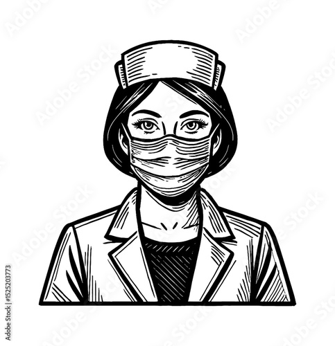 Nurse wearing a face mask in black and white illustration for healthcare and protection concept