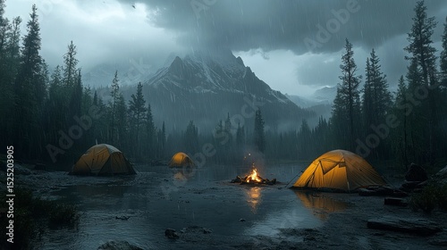 Rainy Night Camping Scene Illuminated Tents and Campfire in Mountain Wilderness