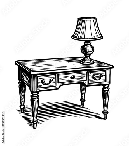 Detailed Engraving of a Desk with a Lamp on Top, Featuring Drawers and Elegant Legs, Black and White
