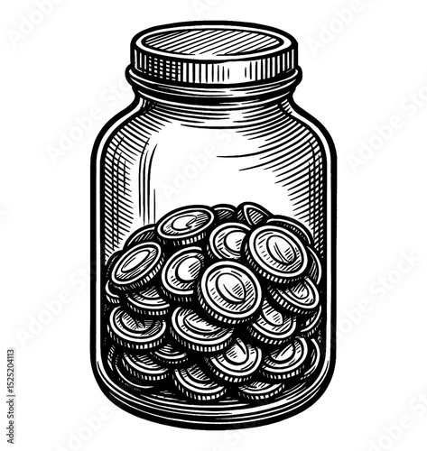 Engraved jar filled with coins, monochrome drawing of savings in a mason jar