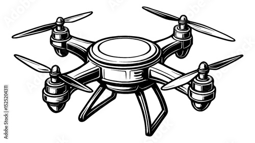 Vector Graphic of a Drone with Four Rotors and Detailed Black and White Design