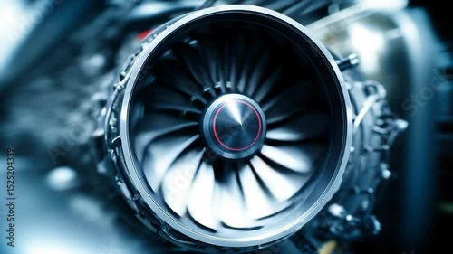 Dramatic close-up of a jet engine in motion, with a cool metallic finish and blurred effect.