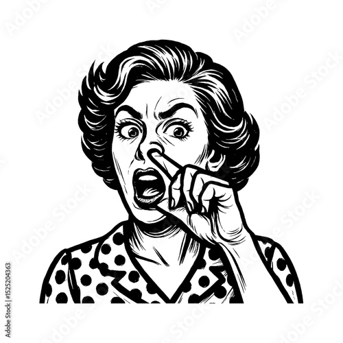 Woman with an angry expression picking her nose in black and white Illustration art style
