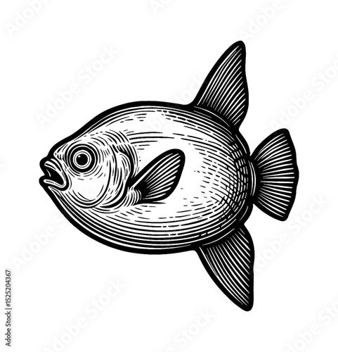 Detailed Black and White Engraving of a Moonfish with Open Mouth