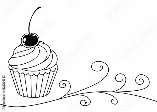 minimalist cupcake outline vector with a single cherry, cute and playful style