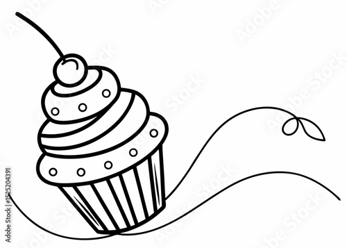 minimalist cupcake outline vector with a single cherry, cute and playful style
