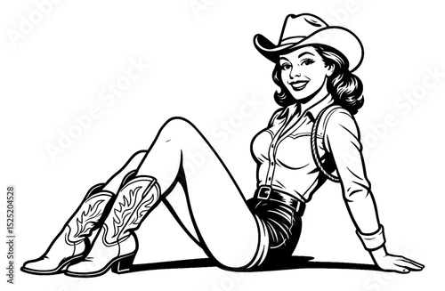 Smiling Caucasian Pinup Woman in Cowboy Hat, Shirt, Short and Boots Sitting in Black and White